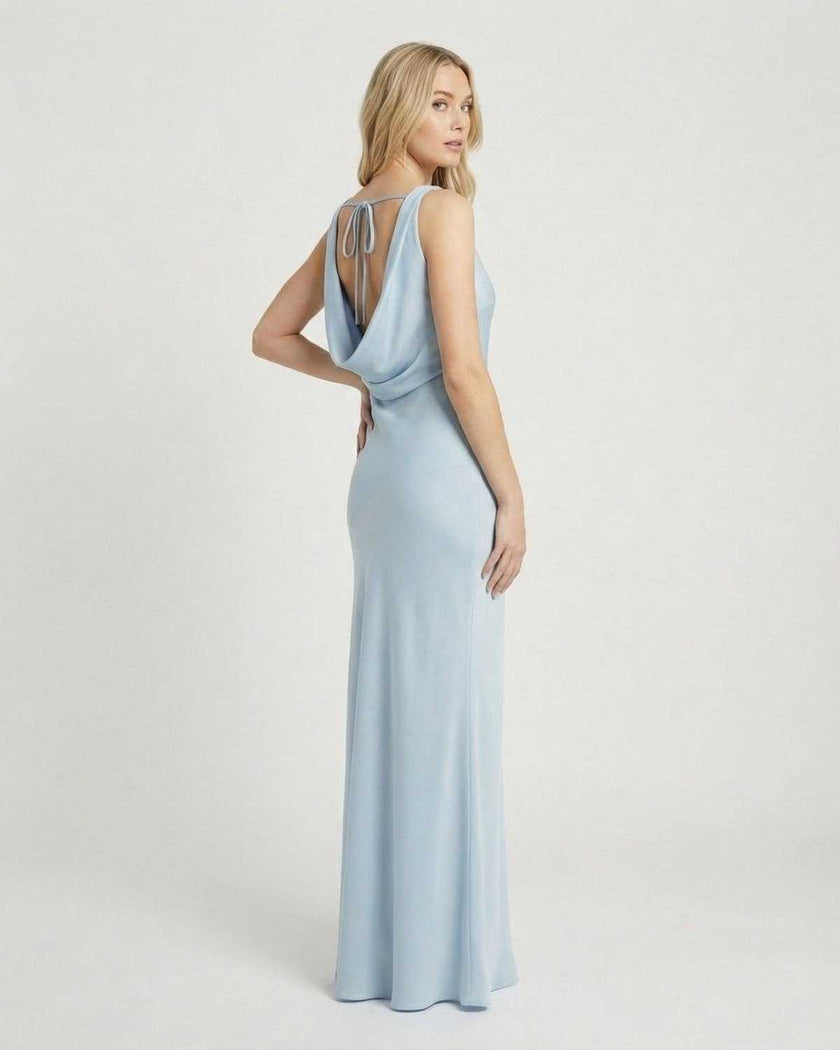 Light blue satin maxi dress by FJØRNA with a cowl neck, sleeveless, bodycon fit, perfect for elegant occasions.