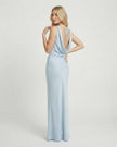Light blue satin maxi dress with cowl neck, sleeveless, form-fitting bodycon style by FJØRNA.