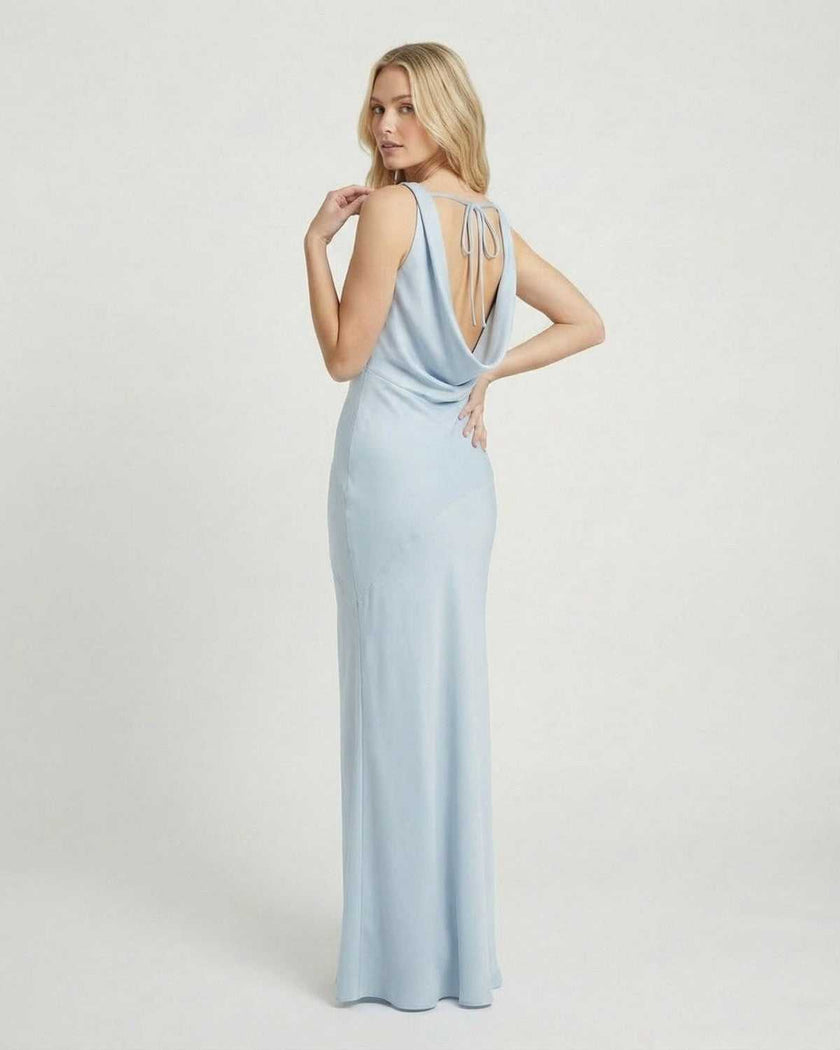 Light blue satin maxi dress with cowl neck, sleeveless, form-fitting bodycon style by FJØRNA.