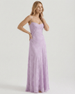 Elegant lavender lace maxi dress for women with floral print, sheer fabric, and a lace-up back by FJØRNA.