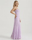 Lavender lace maxi dress for women by FJØRNA featuring floral print, sheer fabric, and lace-up back for elegant style.