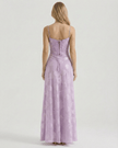 Lavender floral lace maxi dress for women by FJØRNA, featuring sheer fabric and a lace-up back design.