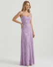 Lavender floral lace maxi dress for women by FJØRNA featuring sheer fabric and a lace-up back design.