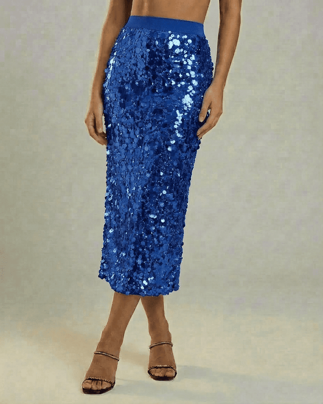 Blue sequin FJØRNA high-waist bodycon midi skirt for women, perfect for elegant evening styling and chic outfits.