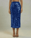 FJØRNA blue sequin high-waist bodycon midi skirt, elegant evening wear with embellished details and a sleek silhouette.