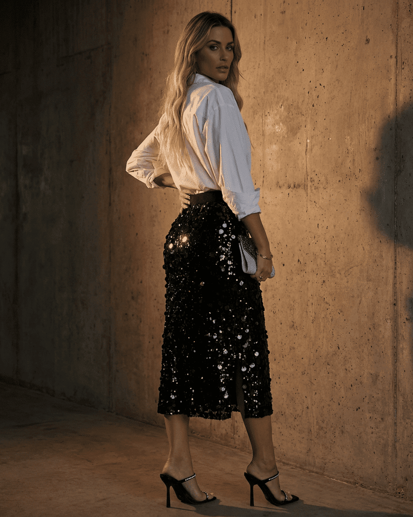 Black FJØRNA sequin bodycon midi skirt with high waist, elegant evening wear, perfect for stylish night-out outfits.