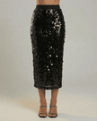 FJØRNA sequin bodycon midi skirt for women, high waist, black, elegant formal wear, showcasing a sleek, fitted design.