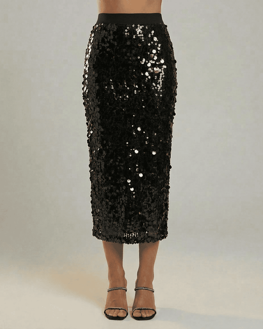 FJØRNA sequin bodycon midi skirt for women, high waist, black, elegant formal wear, showcasing a sleek, fitted design.