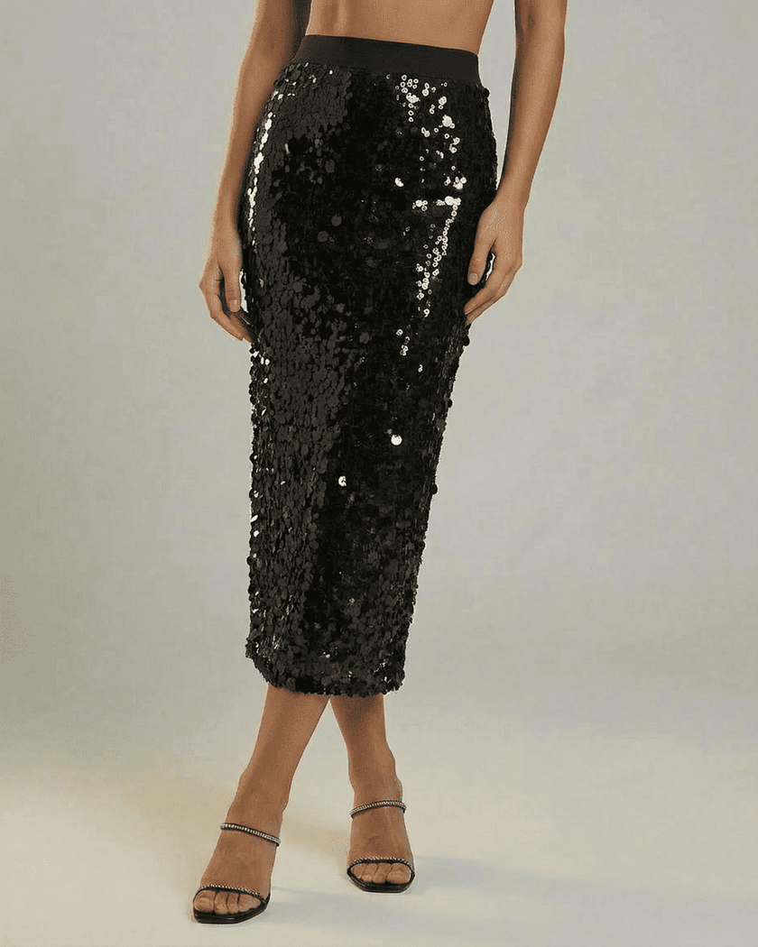 FJØRNA sequin bodycon midi skirt for women, high-waist black evening skirt with a sleek, fitted silhouette for formal fashion.