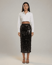FJØRNA sequin bodycon midi skirt for women, high waist design in black, ideal for elegant evening wear.