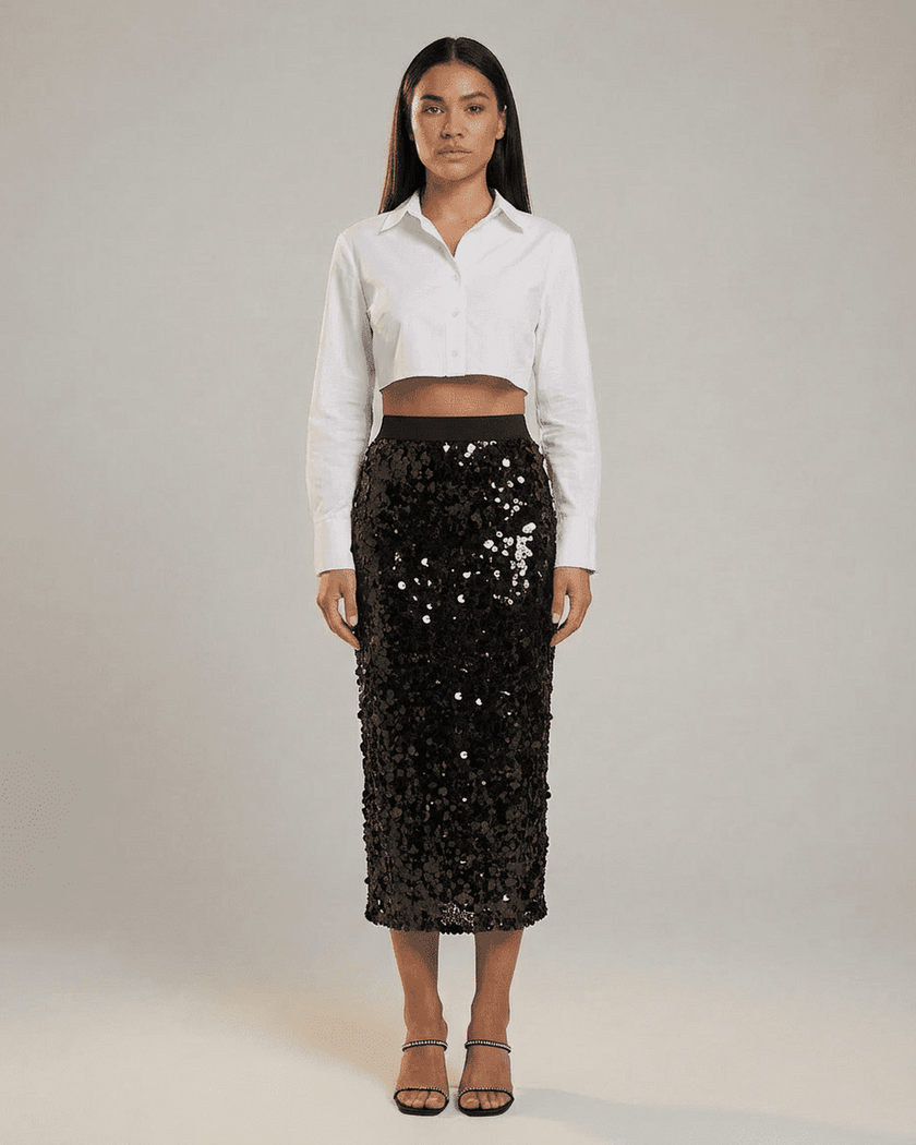 FJØRNA sequin bodycon midi skirt for women, high waist design in black, ideal for elegant evening wear.