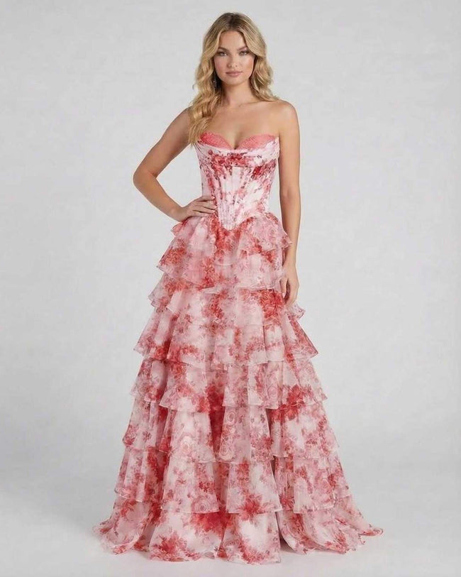 FJØRNA women's strapless chiffon maxi dress with pink floral print, tiered design, romantic style, perfect for elegant occasions.