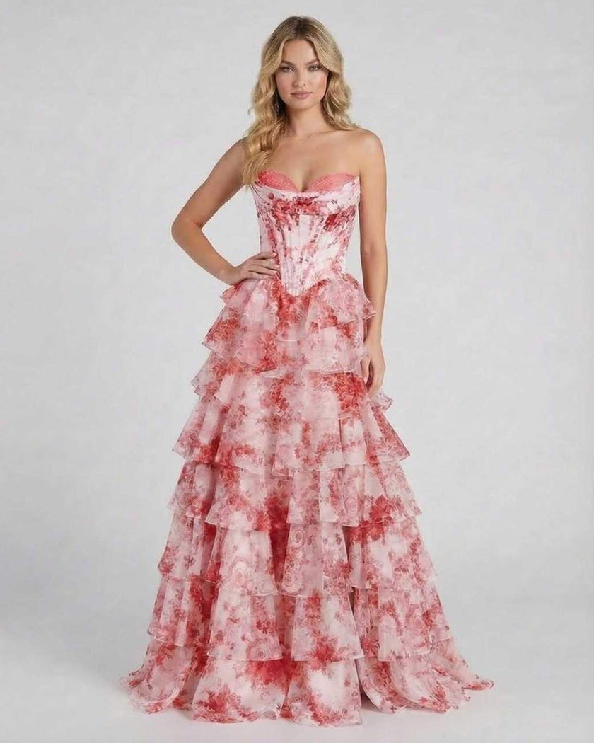 FJØRNA women's strapless chiffon maxi dress with pink floral print, tiered design, romantic style, perfect for elegant occasions.