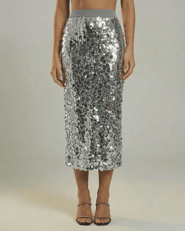 FJØRNA grey sequin high-waist bodycon midi skirt for women, elegant and modern evening style with a sleek fit.