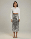 FJØRNA Silvara Midi Skirt with high waist, sequin details, bodycon fit in grey, perfect for elegant evening fashion.