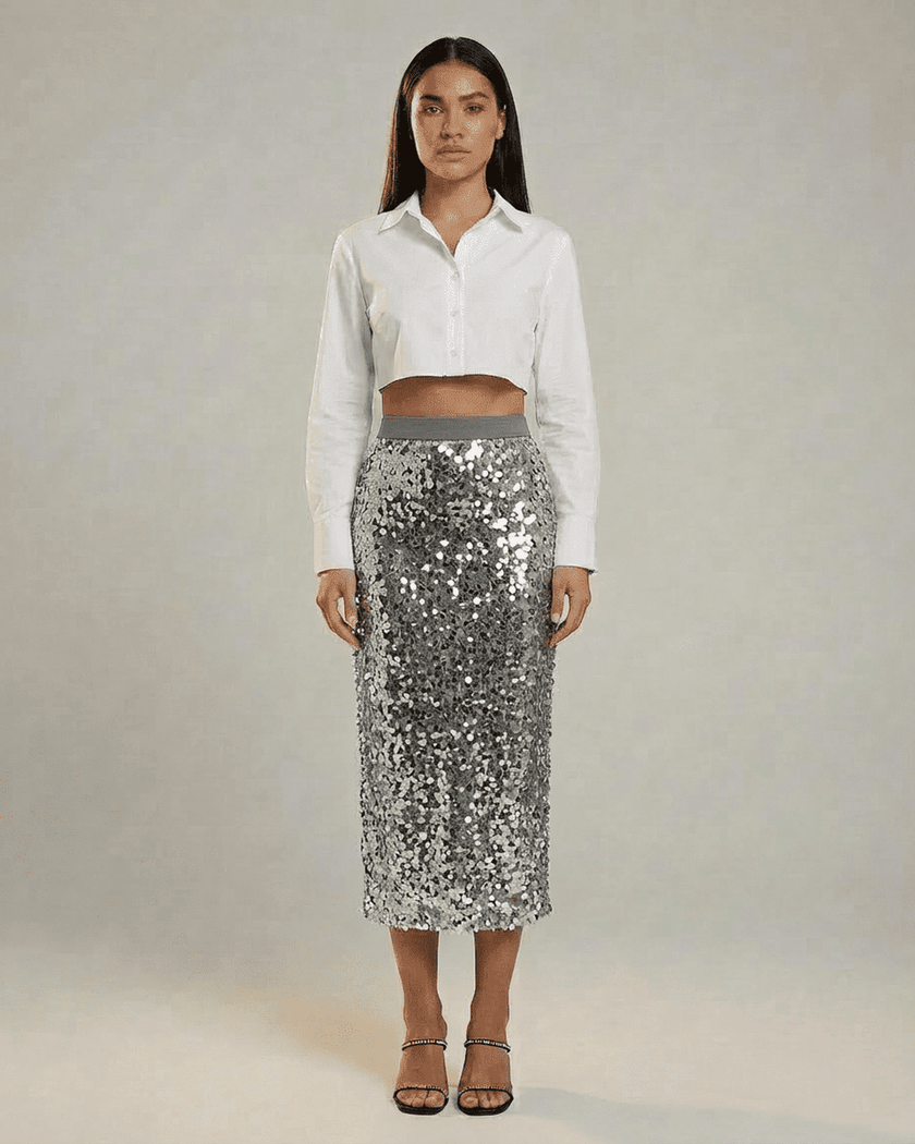 FJØRNA Silvara Midi Skirt with high waist, sequin details, bodycon fit in grey, perfect for elegant evening fashion.