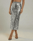 FJØRNA Silvara midi skirt with sequins, high waist, bodycon fit in grey, perfect for elegant evening fashion.