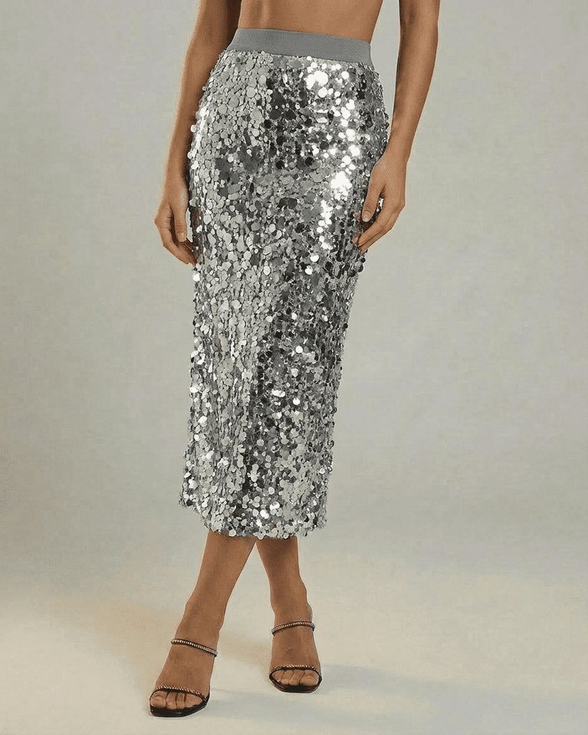 FJØRNA Silvara midi skirt with sequins, high waist, bodycon fit in grey, perfect for elegant evening fashion.