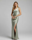 Sage green satin maxi dress for women by FJØRNA, featuring an elegant one-shoulder design and flowing silhouette.