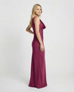FJØRNA satin maxi dress for women featuring a cowl neck, bodycon fit, sleeveless design, shown from side view.