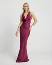 FJØRNA satin maxi dress for women featuring a cowl neck, sleeveless bodycon style, ideal for evening occasions.
