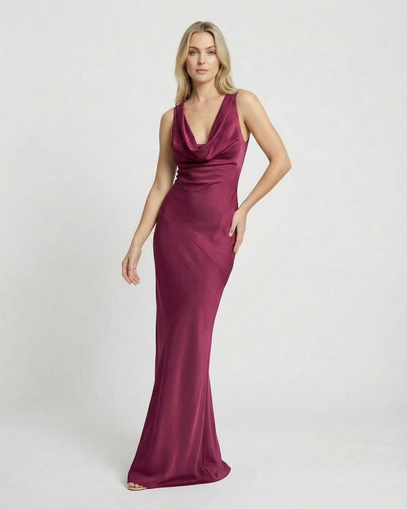 FJØRNA satin maxi dress for women featuring a cowl neck, sleeveless bodycon style, ideal for evening occasions.