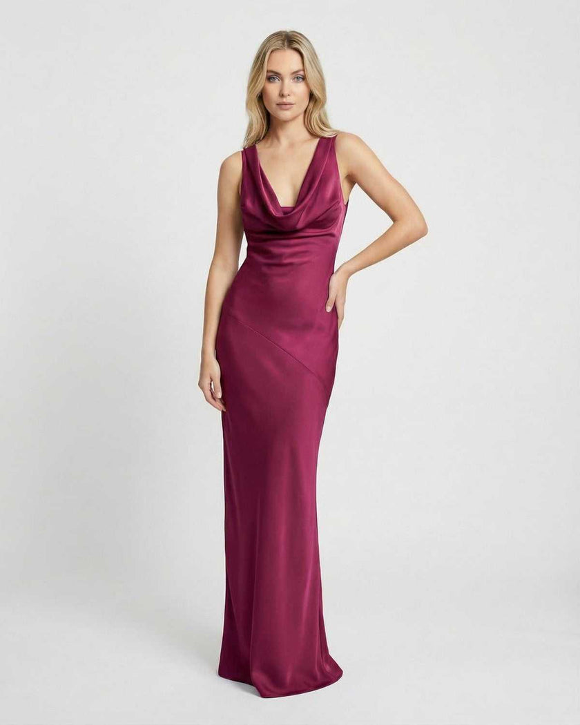 FJØRNA satin burgundy maxi dress with cowl neck, sleeveless bodycon style, perfect for elegant evening occasions.
