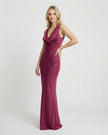 FJØRNA satin maxi dress for women featuring a cowl neck, sleeveless design, and bodycon silhouette for elegant evening wear.