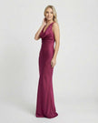 FJØRNA satin maxi dress for women featuring a cowl neck, sleeveless design, bodycon fit, and elegant evening silhouette.