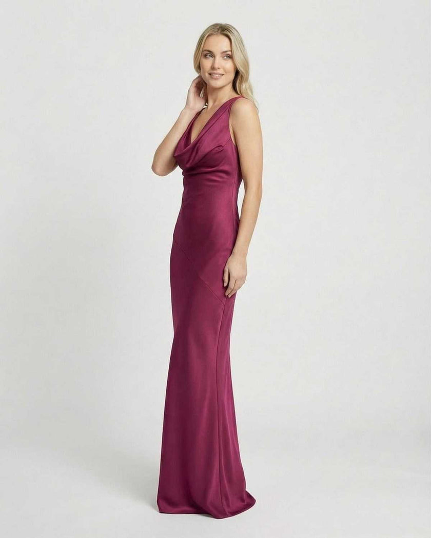 FJØRNA satin maxi dress for women featuring a cowl neck, sleeveless design, bodycon fit, and elegant evening silhouette.