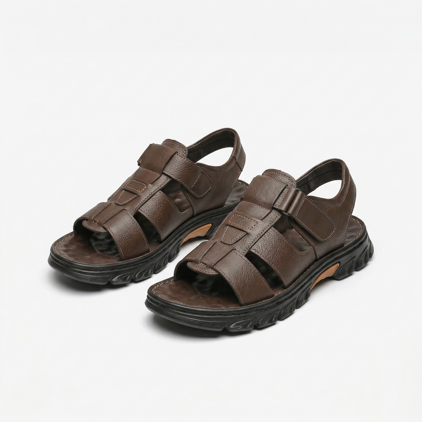 FJØRNA men's open toe strap leather sandals showing adjustable straps and comfortable footbed.
