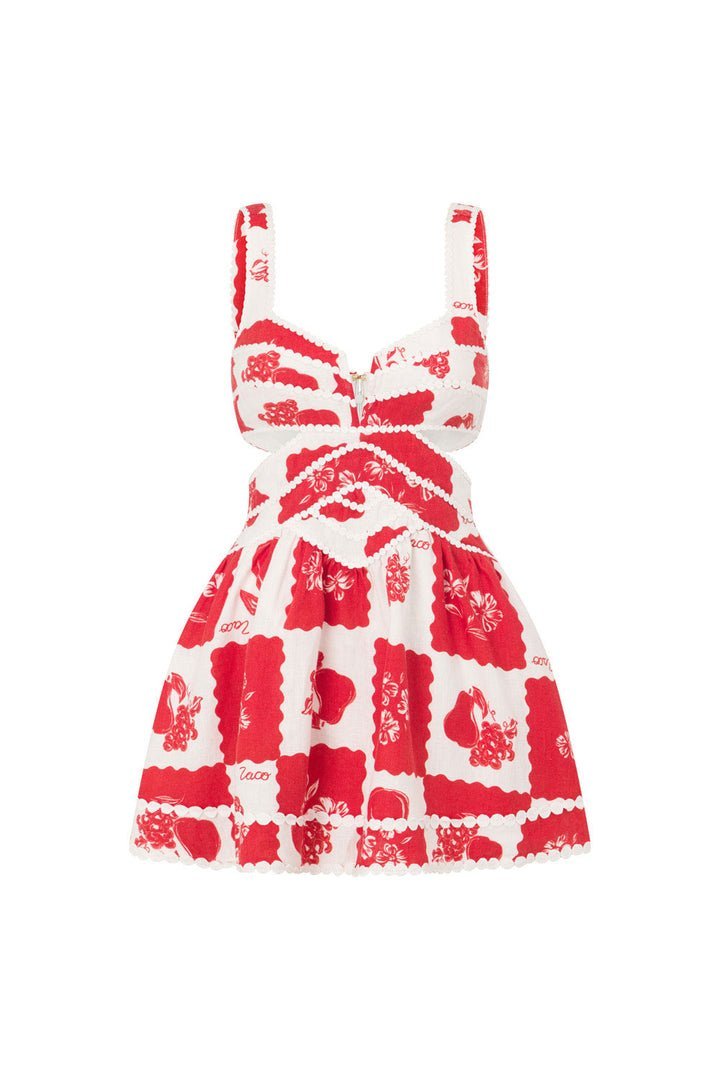 FJØRNA Leila printed cut-out mini dress in red, featuring a stylish design and short length, perfect for warm weather.