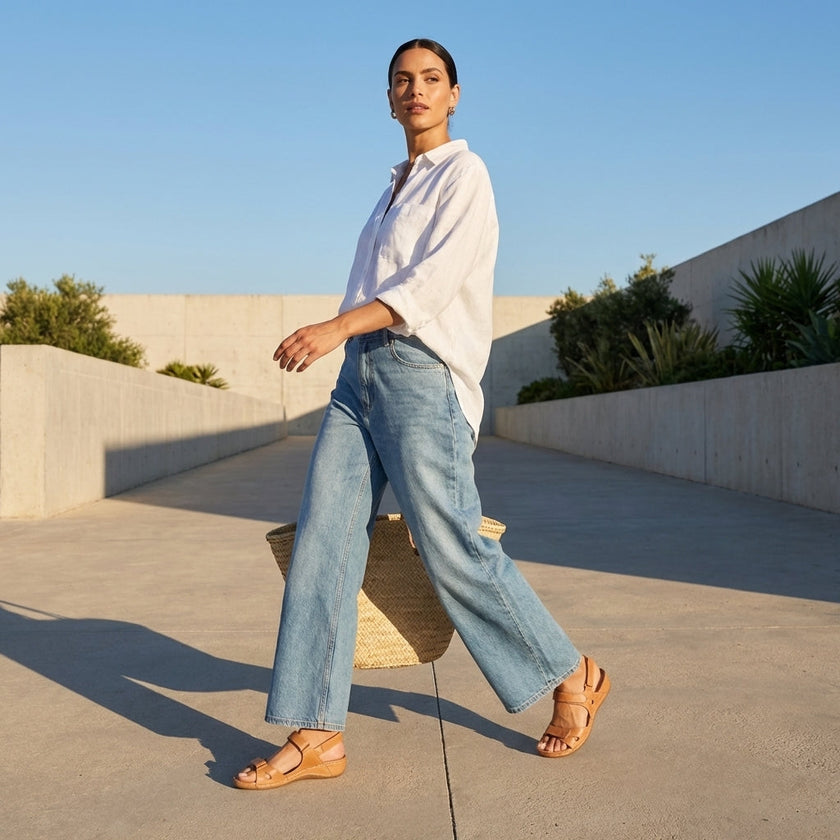 FJØRNA orthopedic flat ankle strap sandals for women with adjustable fit, shown in a lifestyle setting with casual summer attire.