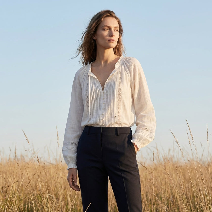 FJØRNA summer women's blouse featuring a V-neck, long sleeves, lace details, and ruffle accents in a casual lifestyle setting.