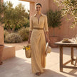 FJØRNA belted wrap collared A-line maxi shirt dress for women, shown styled casually with a belt and long sleeves.