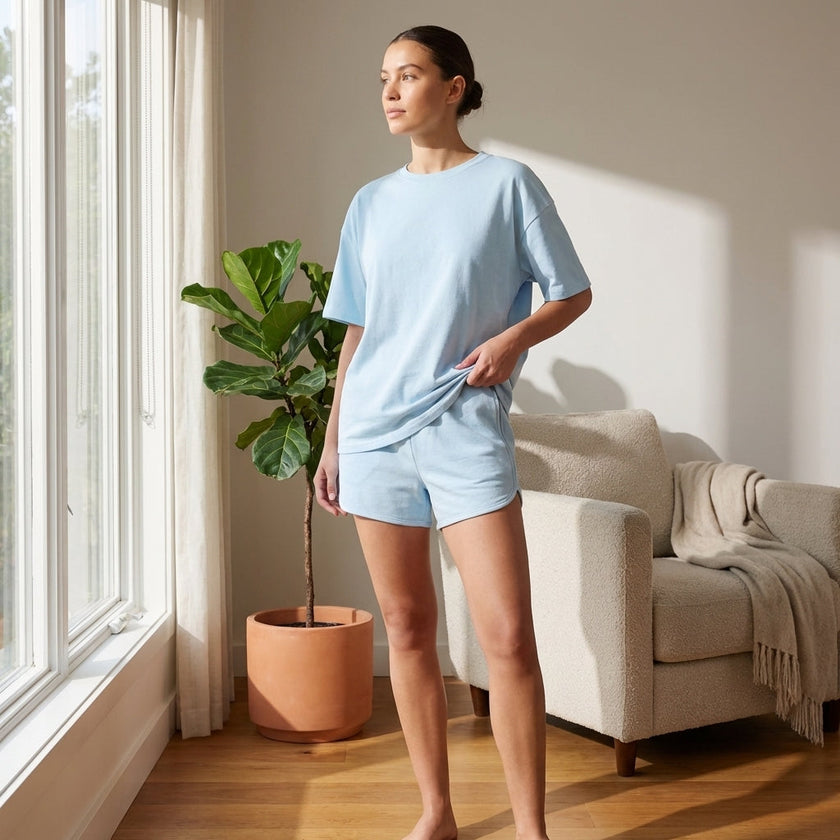 FJØRNA women's summer two-piece co-ord set with drawstring details, styled casually outdoors in a lifestyle setting.