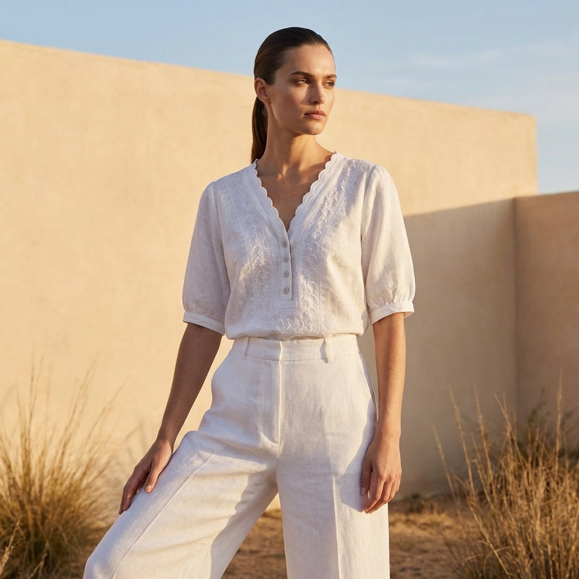 FJØRNA summer women's blouse with V-neck, short sleeves, linen fabric, casual style, worn outdoors on a sunny day.