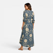Women's playful floral maxi dress by FJØRNA, featuring lightweight linen fabric and vibrant summer floral pattern.