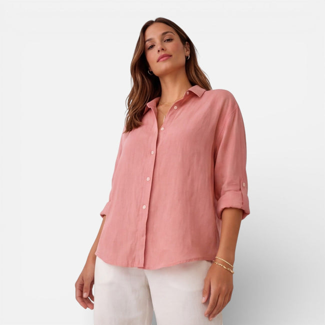 FJØRNA women's linen cotton blend shirt with a relaxed fit, breathable fabric, perfect for summer casual wear.