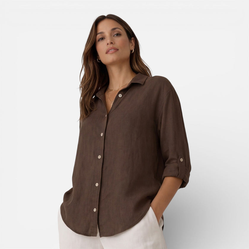 Light beige women's linen cotton blend shirt by FJØRNA, featuring a relaxed fit and breathable summer fabric.