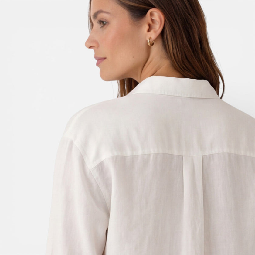 FJØRNA women's linen cotton blend shirt with a relaxed fit, breathable summer blouse in soft, natural fabric.
