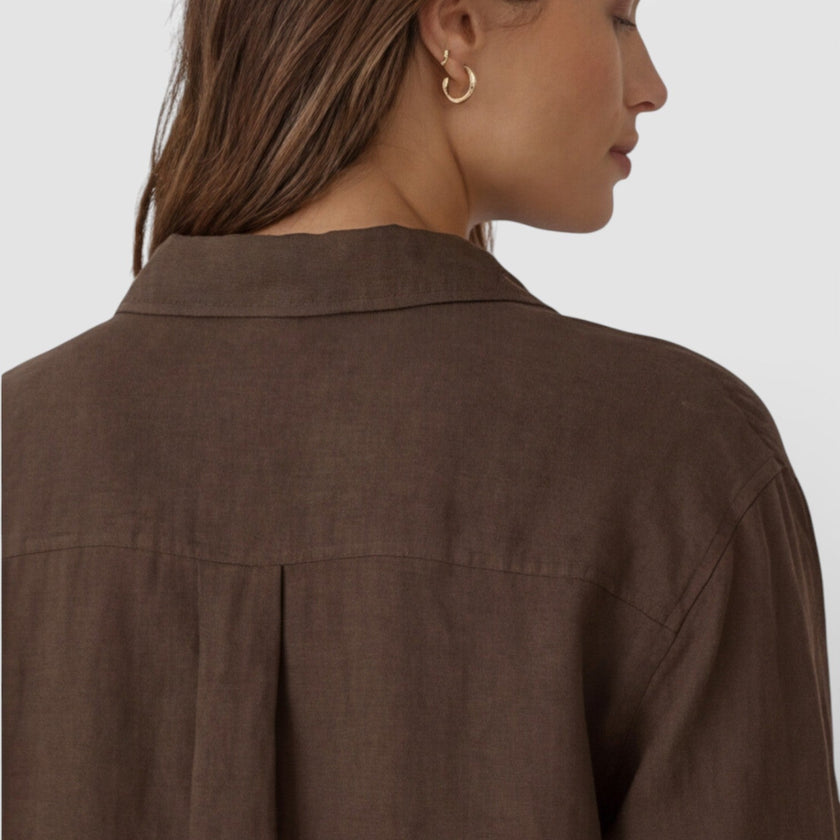 FJØRNA women's linen cotton blend shirt with relaxed summer fit, breathable and casual for warm weather.