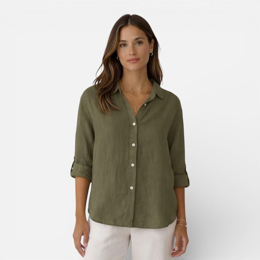 Women's linen cotton blend shirt by FJØRNA, relaxed summer fit, lightweight and breathable, shown in natural linen fabric.