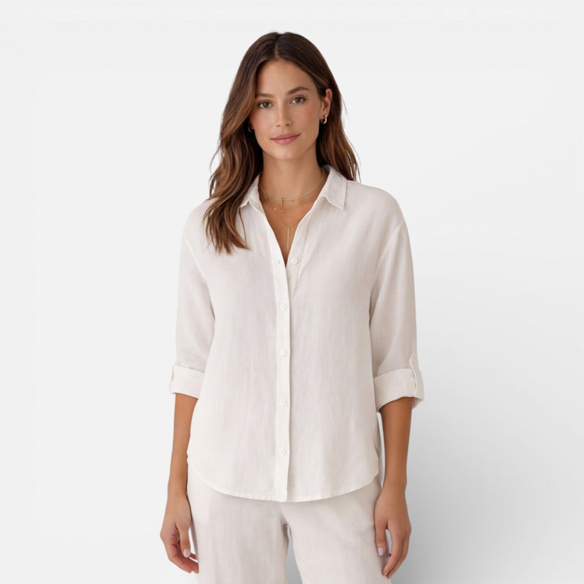Women's linen cotton blend shirt by FJØRNA, relaxed fit, breathable summer shirt with short sleeves and casual style.