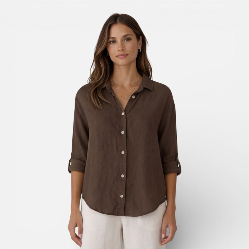 FJØRNA women's linen cotton blend shirt with relaxed fit, breathable fabric, ideal for summer casual wear.