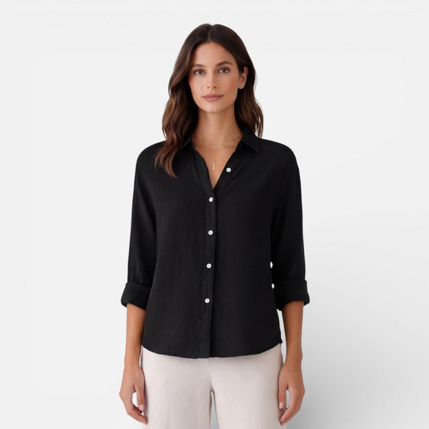 FJØRNA women's linen cotton blend shirt with a relaxed fit, breathable fabric, perfect for summer wear.