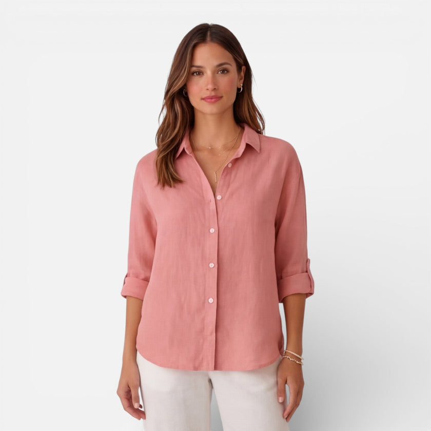 Women's linen cotton blend shirt by FJØRNA, relaxed fit, breathable summer blouse with short sleeves and casual style.