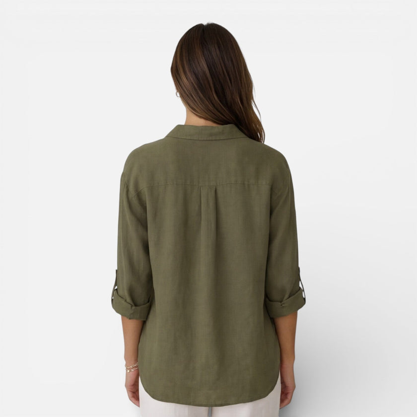 Women's linen and cotton blend shirt by FJØRNA, showcasing a relaxed summer fit and breathable fabric in a natural linen color.
