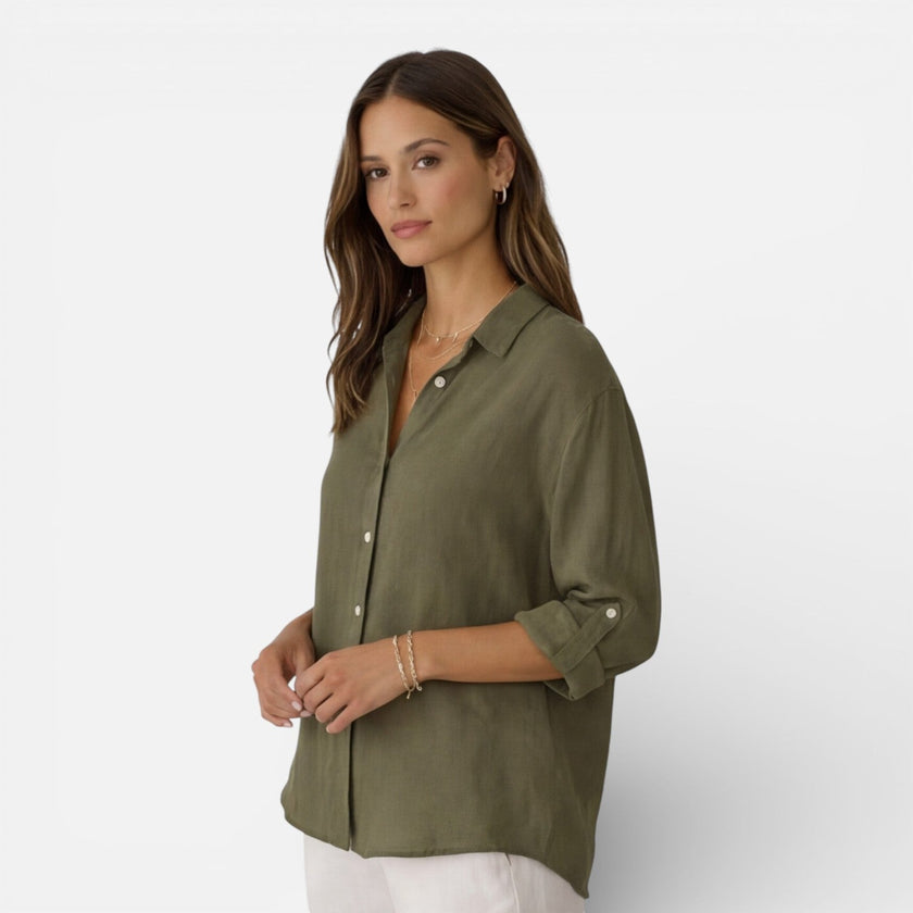 FJØRNA women's linen cotton blend shirt with relaxed fit, breathable summer blouse in natural linen fabric.