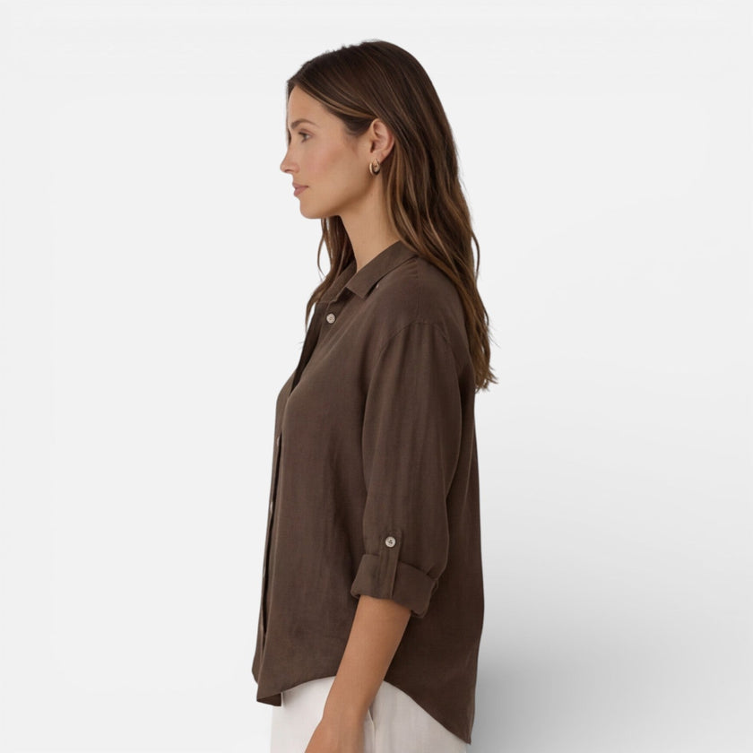 FJØRNA women's linen cotton blend shirt with a relaxed fit, breathable fabric, perfect for summer wear, shown in the image.